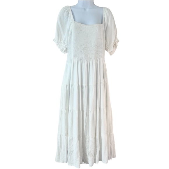 ANRABESS White Tiered Smocked Bodice Peasant Maxi Dress Size L Puff Sleeve Boho - Picture 2 of 14